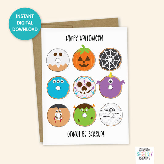 VegeCards™ Happy Halloween - Donut Be Scared PRINTABLE Greeting Card - 5x7 (A7) - Instant Digital Download